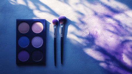 A vibrant makeup palette featuring six colorful shades alongside two professional brushes, set against a beautifully lit blue background, showcasing artistic shadows.の素材