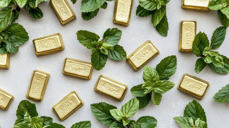 A creative arrangement featuring mint leaves and gold bars on a light background. This composition evokes themes of luxury, wealth, and freshness, perfect for gourmet or lifestyle concepts.の素材