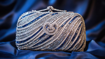 This stunning blue and silver evening clutch bag features intricate crystal detailing, exuding elegance and sophistication for any formal occasion.の素材