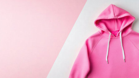 A bright pink hoodie laid flat on a soft pink background, showcasing a stylish and trendy design. Perfect for modern fashion enthusiasts and casual wear.の素材