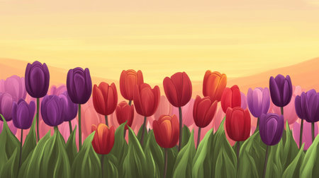 A stunning illustration showcasing a vibrant tulip field under a warm sunset, with hills in the background and lush greenery. Perfect for celebrating nature's beauty.の素材