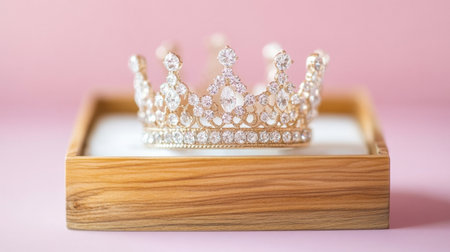 This image features an elegant golden crown embellished with sparkling crystals, resting on a wooden box against a soft pink background, perfect for celebrations.の素材