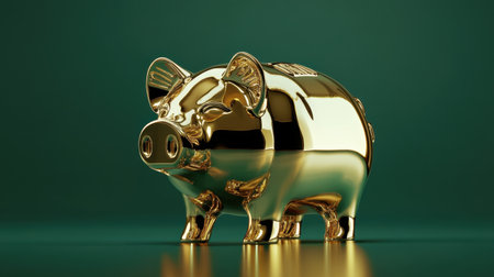 This image features a shiny golden piggy bank, representing the concepts of savings and financial growth against a vibrant green backdrop.の素材