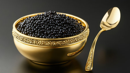 A stunning gold bowl filled with black caviar, accompanied by a delicate spoon, showcases the allure of luxury dining against a dark background.の素材