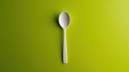 A striking minimalist image featuring a pristine white spoon set against a vibrant green background, perfect for culinary-themed projects or kitchen decor.の素材