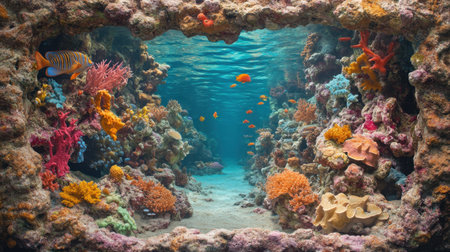 A stunning underwater view showcasing a vibrant coral reef teeming with colorful fish, creating a tranquil marine ecosystem that highlights aquatic beauty.の素材