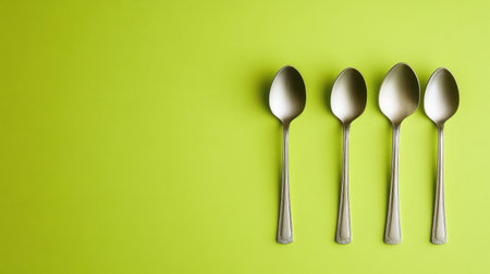 This photo showcases four metallic spoons arranged neatly against a vibrant green backdrop, ideal for culinary promotions and kitchen design inspirations.の素材