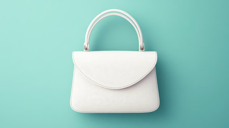 This elegant white handbag features a smooth texture and stylish design, resting on a vibrant turquoise background. Perfect for fashion enthusiasts.の素材