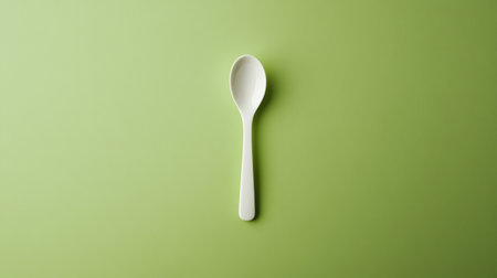 A minimalist white spoon rests on a vibrant green background, showcasing a clean design that embodies simplicity and elegance for various culinary needs.の素材