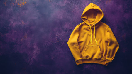 A vibrant yellow hoodie displayed on a deep purple background, ideal for showcasing casual fashion, cozy wear, and trendy design aesthetics.の素材