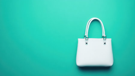 This image features an elegant white handbag set against a vibrant teal background, ideal for fashion and accessory marketing or editorial use.の素材
