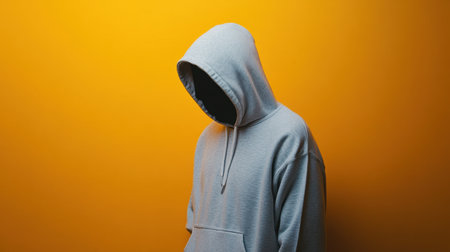 A mysterious figure dressed in a grey hoodie stands against a bold yellow background, highlighting anonymity and urban style in a minimalistic composition.の素材