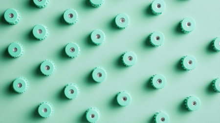A visually appealing arrangement of mint green bottle caps on a soft green background, perfect for showcasing beverage packaging concepts or creative projects.の素材