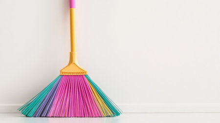A colorful broom with vibrant bristles stands against a light backdrop, perfect for conveying themes of cleaning, organization, and home maintenance.の素材