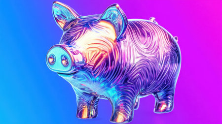 This vibrant image features a metallic piggy bank with a glossy finish, surrounded by a colorful gradient backdrop. Eye-catching design symbolizes savings.の素材