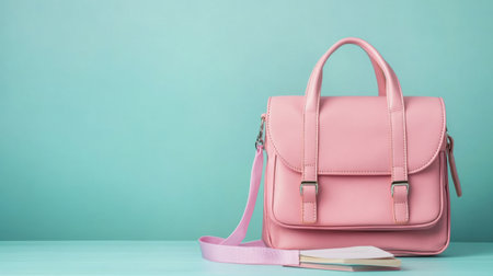 This image features a stylish pink handbag set against a soothing soft teal background, perfect for showcasing modern fashion and accessory trends.の素材