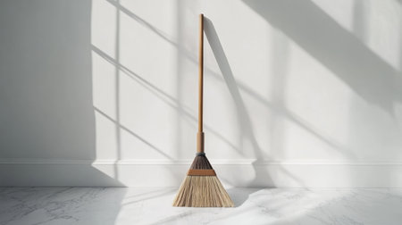 A sleek broom stands against a white wall, capturing soft natural light and long shadows, creating a serene and minimalistic atmosphere perfect for modern spaces.の素材