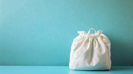A simple and elegant drawstring bag displayed on a stylish blue background, ideal for minimalist designs and various creative projects. Perfect for lifestyle and fashion themes.の素材