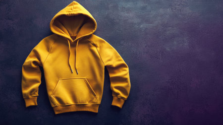 This image features a vibrant yellow hoodie laid flat on a dark textured background, perfect for showcasing fashion or apparel items in promotional materials.の素材