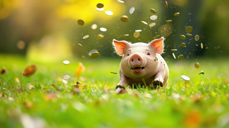 A charming pig joyfully runs through a lush green field, as coins scatter in the air, capturing the essence of playfulness and happiness in nature.の素材