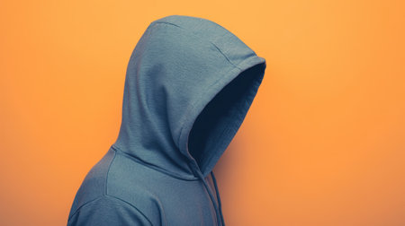 This image captures the profile of a person wearing a hoodie against a vibrant orange background. The soft lighting enhances the sense of mystery and solitude.の素材