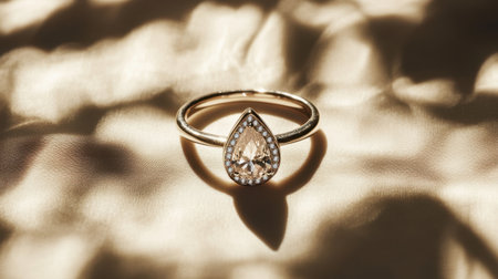 A stunning pear-shaped diamond ring shines beautifully against a soft satin background, highlighting its exquisite craftsmanship and elegance. Perfect for special moments.の素材