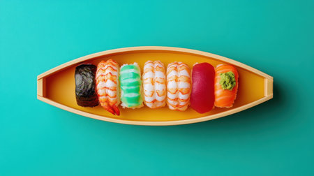 A picturesque display of various sushi types arranged in a wooden boat-shaped plate, showcasing vibrant colors against a turquoise backdrop.の素材