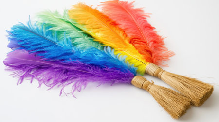 These vibrant rainbow feathers are perfect for creative projects, decoration, and festive events. Featuring natural broomsticks, they add a joyful touch.の素材