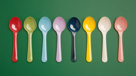 A striking display of brightly colored plastic spoons aligned neatly on a vibrant green background, perfect for culinary and creative design projects.の素材