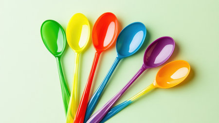 A vibrant display of colorful plastic spoons arranged in a row on a soft green background, perfect for kitchen decor or creative dining inspiration.の素材