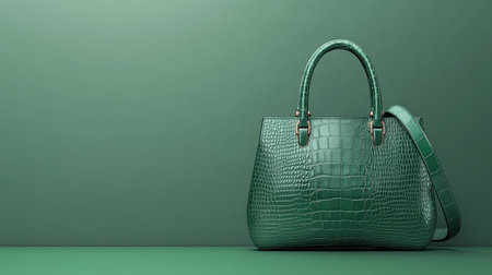 This elegant green crocodile leather handbag showcases a chic design on a minimalist background, ideal for fashion-related themes and luxury concepts.の素材