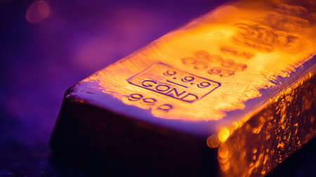A stunning close-up image of a gold bullion bar radiating a warm orange glow against a dark backdrop, symbolizing wealth and investment opportunities.の素材