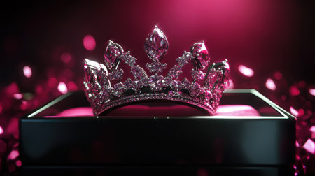 This stunning image features an elegant crown resting delicately on a plush cushion inside a glossy box, illuminated by soft pink lights, creating a luxurious ambiance.の素材