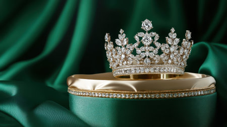 This stunning image features an elegant golden crown embellished with sparkling jewels, resting on luxurious green satin, perfect for themes of royalty and elegance.の素材
