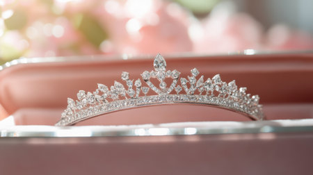 This stunning silver tiara, embellished with sparkling gems, is elegantly displayed in a jewelry box, featuring a soft floral background that enhances its beauty.の素材