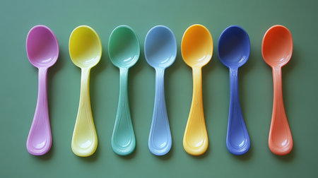 A vibrant collection of plastic spoons in pastel colors lined up against a green background, perfect for enhancing any dining experience or kitchen decor.の素材