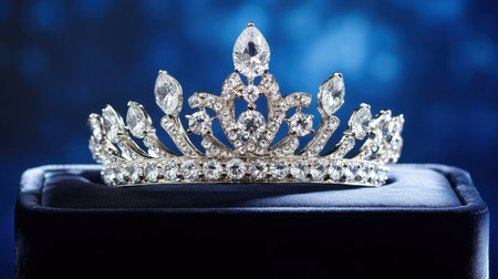 This stunning silver tiara adorned with sparkling diamonds rests gracefully on a dark velvet cushion, exuding elegance and luxury, perfect for celebrations.の素材
