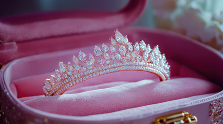 This stunning image showcases a beautifully designed crown resting in a pink velvet box, radiating luxury and elegance for special occasions.の素材