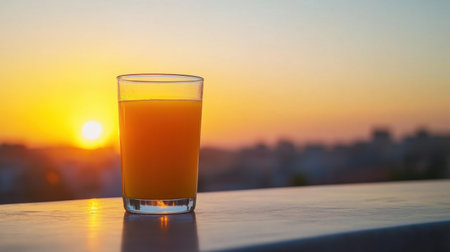A refreshing glass of orange juice sits on a table against a stunning sunset backdrop over a city skyline, perfect for summer evenings.の素材