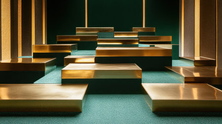 This captivating image features an abstract interior design with golden platforms illuminated by warm light, complemented by a rich green carpet.の素材