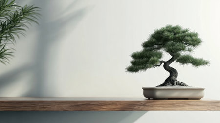 A serene bonsai tree elegantly displayed in a decorative pot on a wooden shelf, creating a tranquil atmosphere against a minimalist wall backdrop.の素材