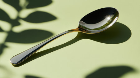 A sleek silver spoon rests elegantly on a soft green background, capturing light and casting natural shadows from nearby foliage, creating a serene composition.の素材
