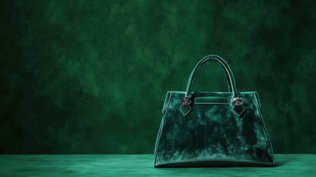 This image features a luxury green handbag placed on a textured green background, emphasizing elegance and high-fashion aesthetics in product photography.の素材