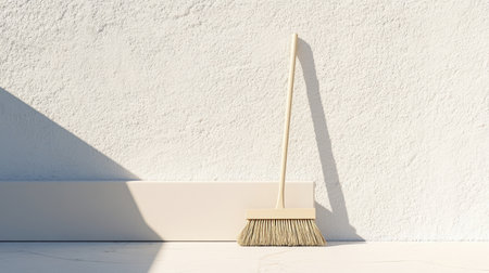 A minimalistic broom leans against a textured white wall, beautifully illuminated by sunlight, creating an artistic shadow and a serene atmosphere.の素材