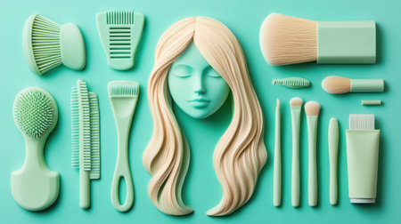 This image features a curated collection of hair tools and brushes in serene mint green hues, perfect for beauty enthusiasts and salons.の素材