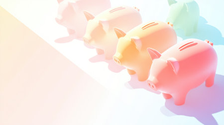 A row of colorful piggy banks in soft pastel tones symbolizes savings and financial planning. The playful design invites exploration of money management concepts.の素材