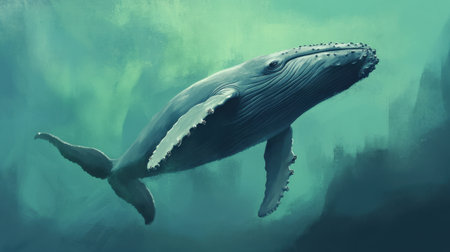 This artwork showcases a majestic humpback whale gliding effortlessly through rich blue ocean depths, capturing the beauty of marine life.の素材