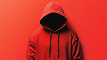 A captivating image of a faceless figure draped in a red hoodie, set against a bright red background, symbolizing mystery and urban style.の素材
