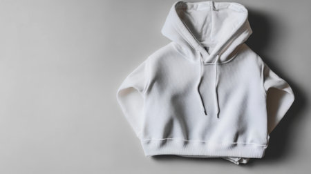 This stylish white hooded sweatshirt is elegantly laid out on a soft gray background, showcasing its cozy fabric and modern design, perfect for fashion use.の素材