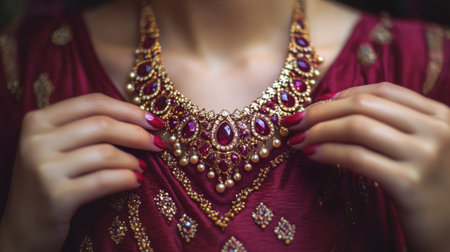A close-up of a woman delicately adjusting an exquisite necklace, showcasing vibrant gemstones and pearls against a rich maroon fabric backdrop.の素材